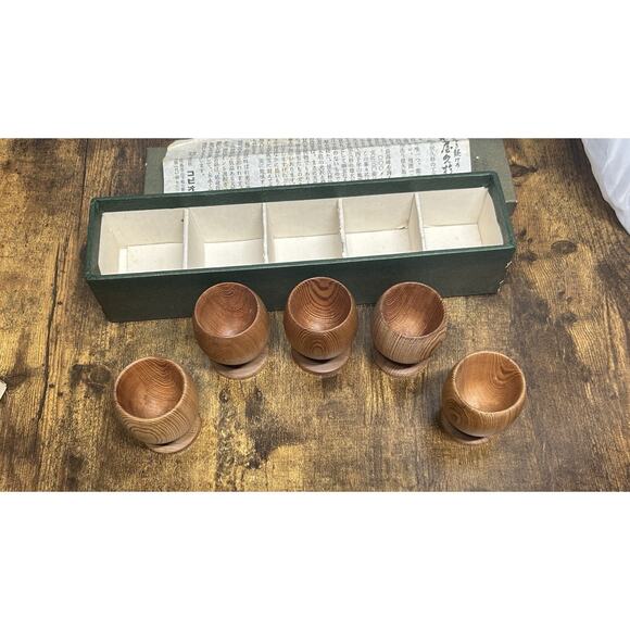 Vtg Japanese Yakusugi Cedar Sake Cups Set (5) Handcrafted Wood Japan Ochoko - Picture 8 of 9